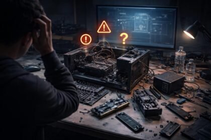 Szétszerelt számítógép belső alkatrészeinek részletes, hibákkal tarkított vizuális ábrája, bemutatva kompatibilitási kockázatokat.