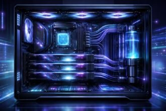 Modern PC-hardware összetevők, AI gyorsítás és ray tracing inspirálta vizuális bemutató.