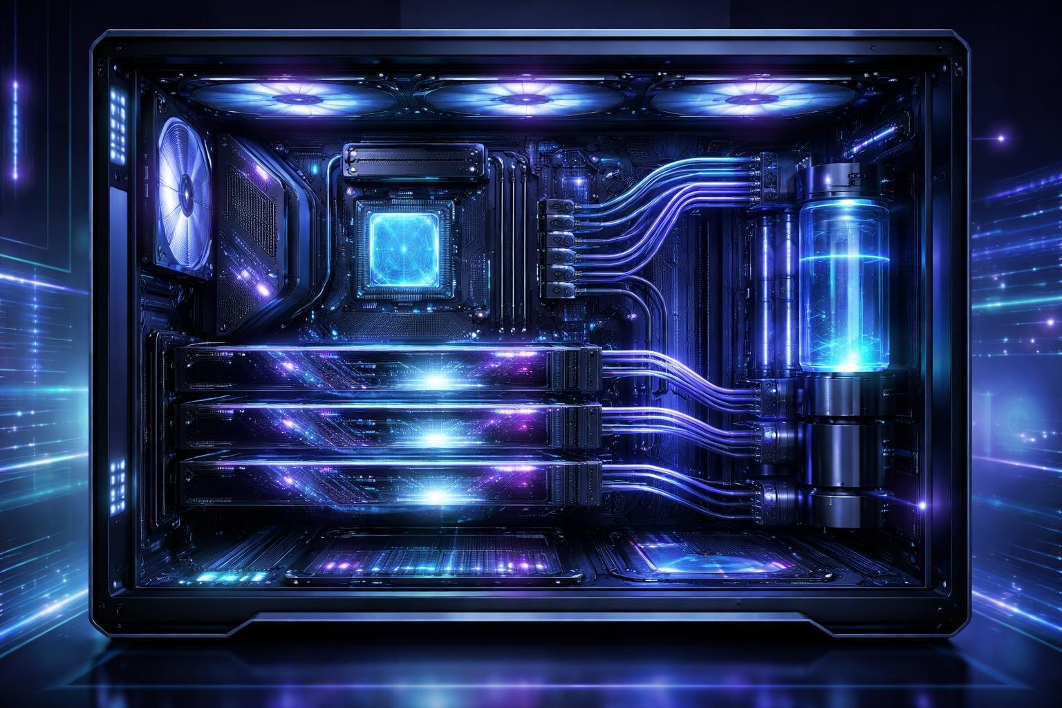 Modern PC-hardware összetevők, AI gyorsítás és ray tracing inspirálta vizuális bemutató.