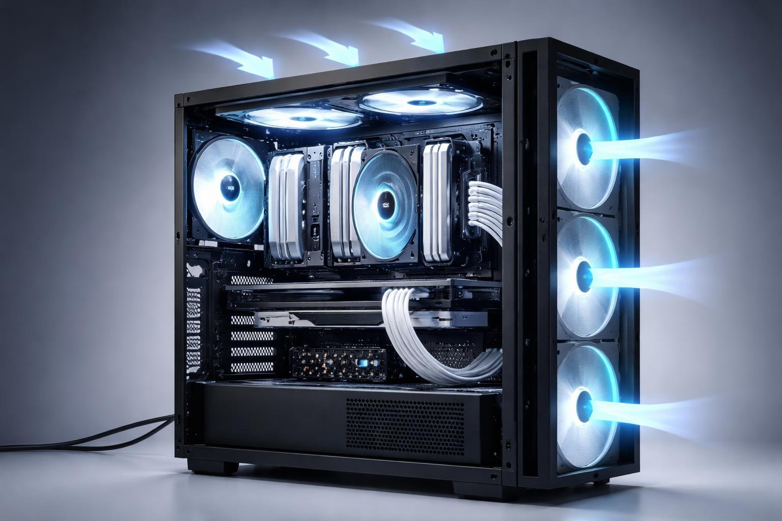 Gépházban halkabb és hatékonyabb hűtést mutató ventilátorok és hőcsövek kölcsönhatásban