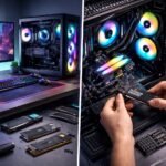 Közelről látható számítógép belső része, frissített komponensek és rendezett kábelek.