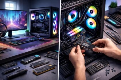 Közelről látható számítógép belső része, frissített komponensek és rendezett kábelek.