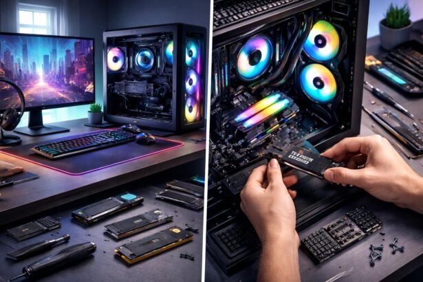 Közelről látható számítógép belső része, frissített komponensek és rendezett kábelek.