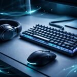 Zsúfolt munkaasztal billentyűzettel, egérrel és fejhallgatóval, produktivitást és ergonómiát támogató eszközök.