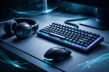 Zsúfolt munkaasztal billentyűzettel, egérrel és fejhallgatóval, produktivitást és ergonómiát támogató eszközök.