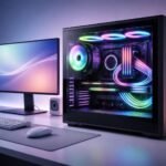 Kényelmesen rendezett, RGB világítású PC belső, átlátszó oldal, letisztelt kábelezés.