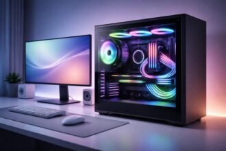 Kényelmesen rendezett, RGB világítású PC belső, átlátszó oldal, letisztelt kábelezés.