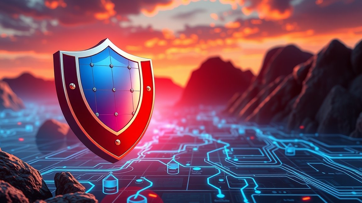Digitális védelmi pajzs a kiberbiztonság szimbóluma.