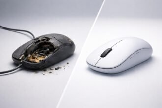 Képen látható egy sérült egér és alkatrész csere nélkül döntés előtt álló felhasználó.