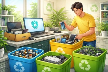 Szelektív elektronikai hulladékgyűjtő konténerek és ki nem használt eszközök fotója