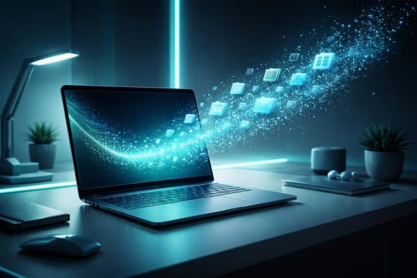 Laptopkép a felhasználói felületen, ahol ideiglenes fájlok törlése gyorsítja a rendszert.