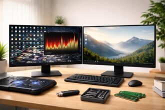 Laptop vagy asztali PC, amely OS-t telepít, és teljesítményjavítást vizsgál.
