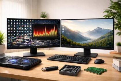 Laptop vagy asztali PC, amely OS-t telepít, és teljesítményjavítást vizsgál.