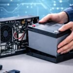 Közelkép egy UPS belső akkumulátoráról, a kezelő gombja és a csatlakozók láthatók.